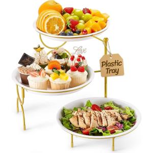 imageLifewit Plastic 3 Tier Serving Tray Platter for Party Entertaining 10quot  10quot Large Dessert Table Display Set White Reusable Round Dishes with Gold Metal Display Stand for Veggie Fruit CookiesGold