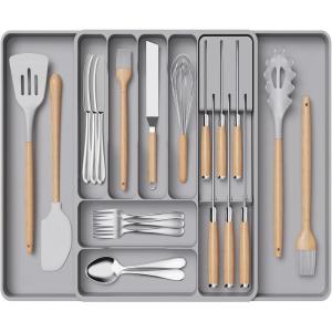 imageLifewit Silverware Organizer for Kitchen Drawers Expandable Utensil Tray with Removable Knife Block Adjustable Cutlery and Flatware Holder Plastic Spoon Forks Holder Storage Divider Large BlackGray