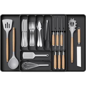 imageLifewit Silverware Organizer for Kitchen Drawers Expandable Utensil Tray with Removable Knife Block Adjustable Cutlery and Flatware Holder Plastic Spoon Forks Holder Storage Divider Large BlackBlack