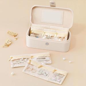 imageLifewit Travel Jewelry Case with Mirror and Handle Jewelry Box with 4 Pcs Jewelry Organizer Zipper Pocket for EarringsRingsNecklaces Portable Mini Jewelry Storage Gift for Women Girls CreamWhite