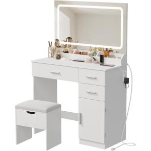 imageLifewit Vanity with Large Mirror and Lights Adjustable ColorBrightness 2 Power Outlets 2 USB Ports White Makeup Desk with Storage Stool 3 Drawers 1 Cabinet 3 Open Storage SpaceLED Light Mirror