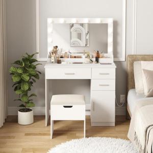 imageLifewit Vanity with Large Mirror and Lights Adjustable ColorBrightness 2 Power Outlets 2 USB Ports White Makeup Desk with Storage Stool 3 Drawers 1 Cabinet 3 Open Storage SpaceBulbs Light Mirror