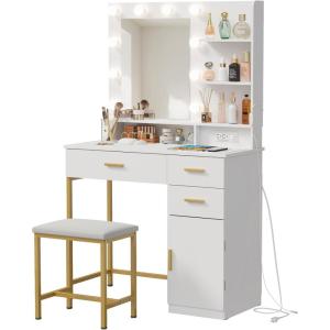 imageLifewit Vanity with Mirror and Light2 Power Outlets and 2 USB Ports Adjustable ColorBrightness White Makeup Desk with 4 Drawers and Stool for Bedroom Bathroom Makeup RoomWhite