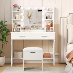 imageLifewit Vanity with Mirror and Lights Adjustable ColorBrightness 2 Power Outlets 2 USB Ports White Makeup Desk with Storage Stool 8 Open Shelves 2 Drawers 2 Lipstick Holders Bottom ShelfBulbs Light Mirror