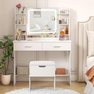 imageLifewit Vanity with Mirror and Lights Adjustable ColorBrightness 2 Power Outlets 2 USB Ports White Makeup Desk with Storage Stool 8 Open Shelves 2 Drawers 2 Lipstick Holders Bottom ShelfLED Light Mirror