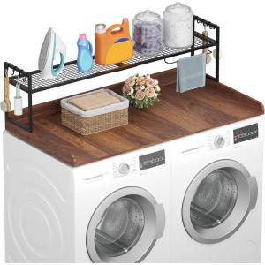 imageLifewit Washer Dryer Countertop with Adjustable Shelf Splice Type 54quot x 275quot Melamine Cover for The Top with Edge Rails Towel Rack 8 Hooks Laundry Room Storage and Organization BlackWalnut