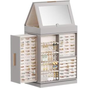 imageLifewit 360 Rotating Jewelry Box Top Magnetic Box wth Mirror 2 Sides Plus 2 Large Drawers Jewelry Organizer and Storage Case for Ring Necklace Earring Bracelet Gift Idea Creamy WhiteLight Gray