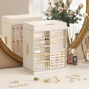 imageLifewit 360 Rotating Jewelry Box Top Magnetic Box wth Mirror 2 Sides Plus 2 Large Drawers Jewelry Organizer and Storage Case for Ring Necklace Earring Bracelet Gift Idea Creamy WhiteCreamy White