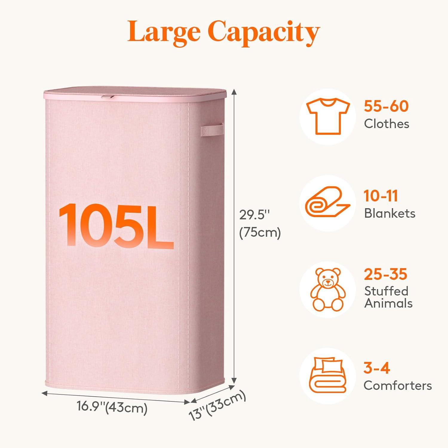 imageLifewit 105L Laundry Basket with Lid Large Laundry Hamper with Plastic Handles and Removable Bag Foldable Tall Dirty Clothes Hampers for Laundry for Laundry Room Bedroom Bathroom Dorm BeigePink