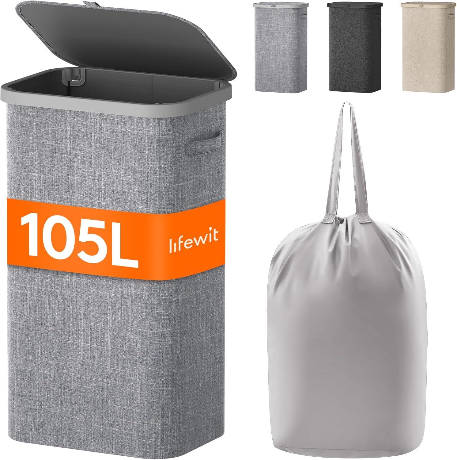 imageLifewit 105L Laundry Basket with Lid Large Laundry Hamper with Plastic Handles and Removable Bag Foldable Tall Dirty Clothes Hampers for Laundry for Laundry Room Bedroom Bathroom Dorm BeigeLight Gray
