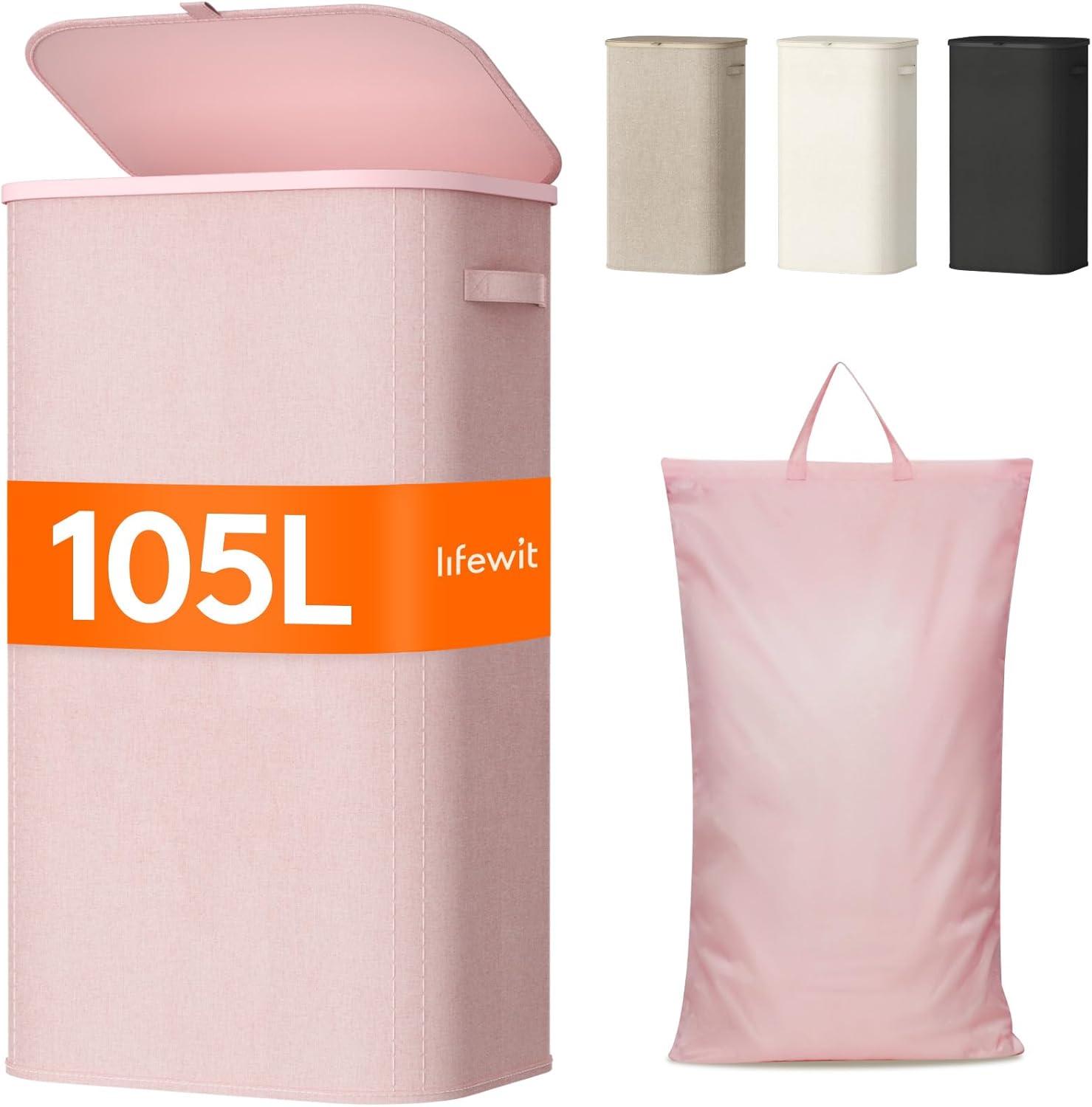 imageLifewit 105L Laundry Basket with Lid Large Laundry Hamper with Plastic Handles and Removable Bag Foldable Tall Dirty Clothes Hampers for Laundry for Laundry Room Bedroom Bathroom Dorm BeigePink