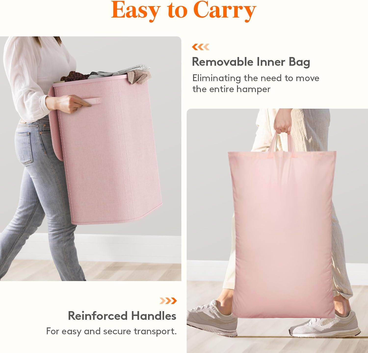 imageLifewit 105L Laundry Basket with Lid Large Laundry Hamper with Plastic Handles and Removable Bag Foldable Tall Dirty Clothes Hampers for Laundry for Laundry Room Bedroom Bathroom Dorm BeigePink