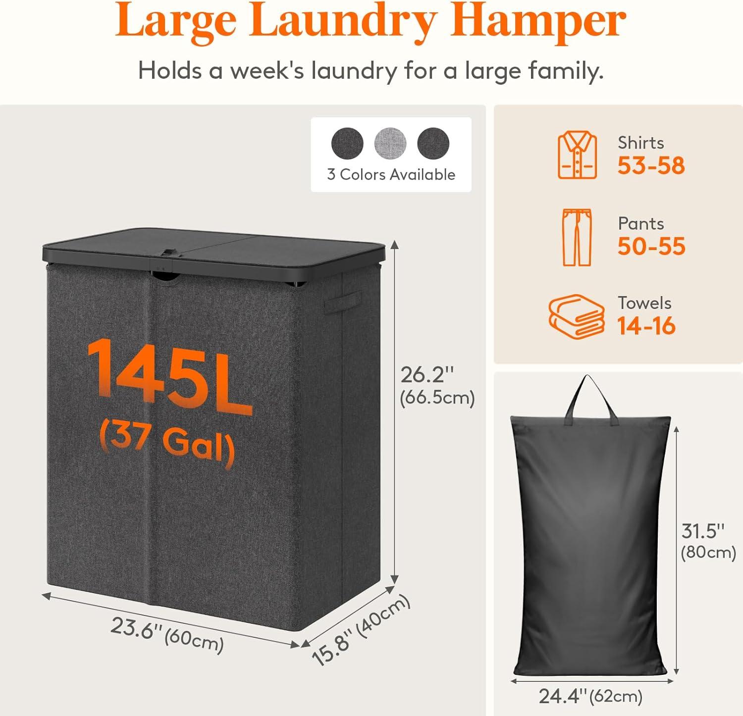 imageLifewit 105L Laundry Basket with Lid Large Laundry Hamper with Plastic Handles and Removable Bag Foldable Tall Dirty Clothes Hampers for Laundry for Laundry Room Bedroom Bathroom Dorm BeigeDark Gray