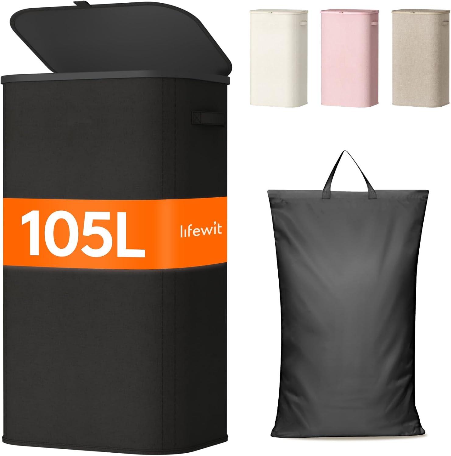 imageLifewit 105L Laundry Basket with Lid Large Laundry Hamper with Plastic Handles and Removable Bag Foldable Tall Dirty Clothes Hampers for Laundry for Laundry Room Bedroom Bathroom Dorm BeigeBlack