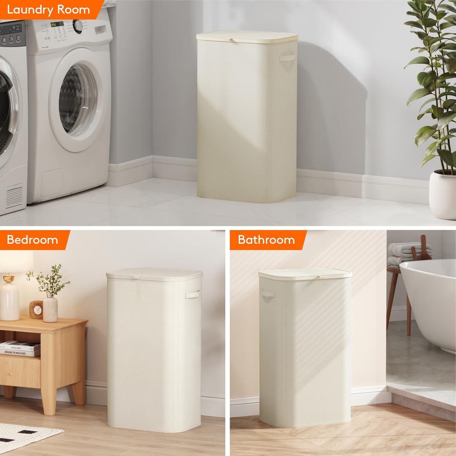 imageLifewit 105L Laundry Basket with Lid Large Laundry Hamper with Plastic Handles and Removable Bag Foldable Tall Dirty Clothes Hampers for Laundry for Laundry Room Bedroom Bathroom Dorm BeigeWhite