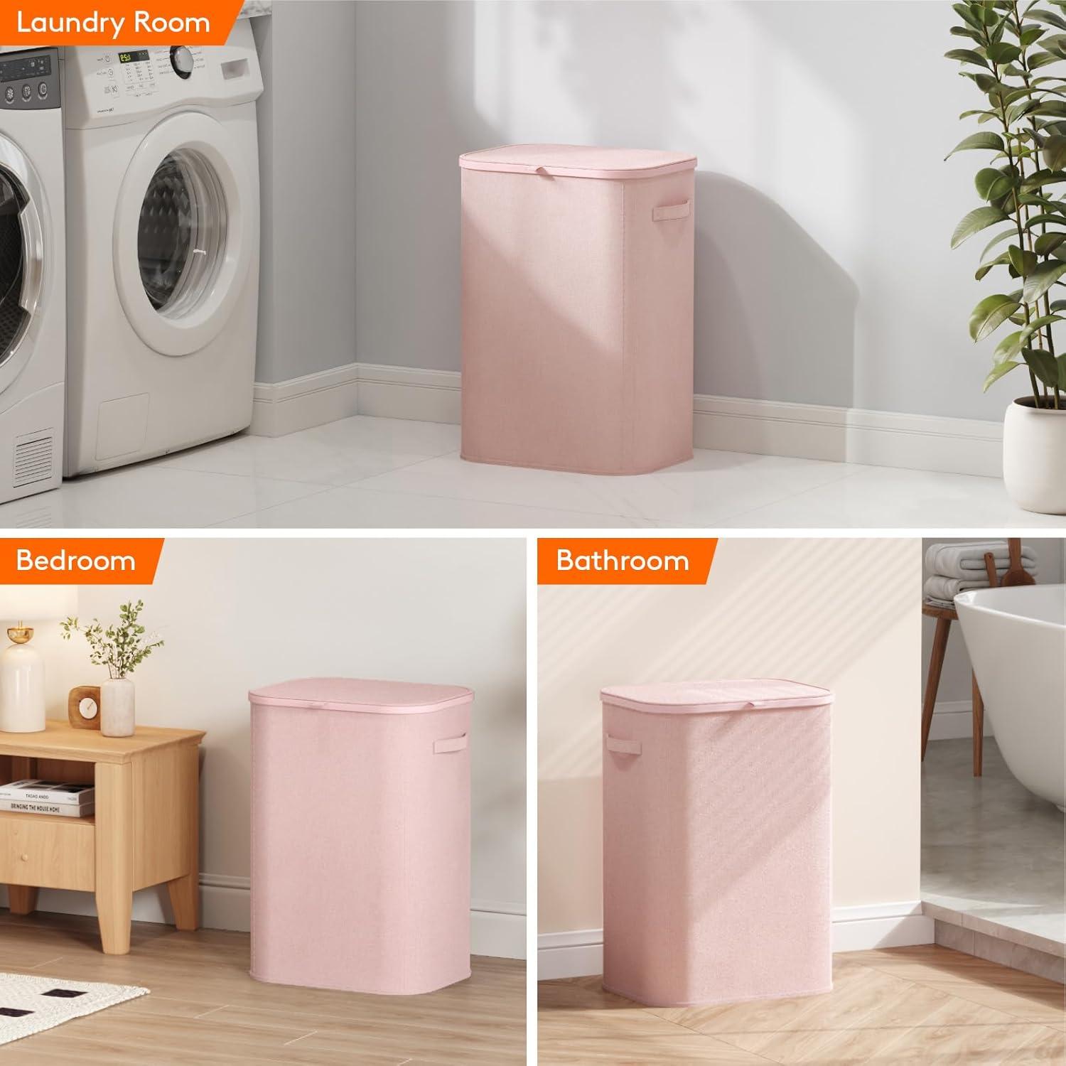 imageLifewit 105L Laundry Basket with Lid Large Laundry Hamper with Plastic Handles and Removable Bag Foldable Tall Dirty Clothes Hampers for Laundry for Laundry Room Bedroom Bathroom Dorm BeigePink