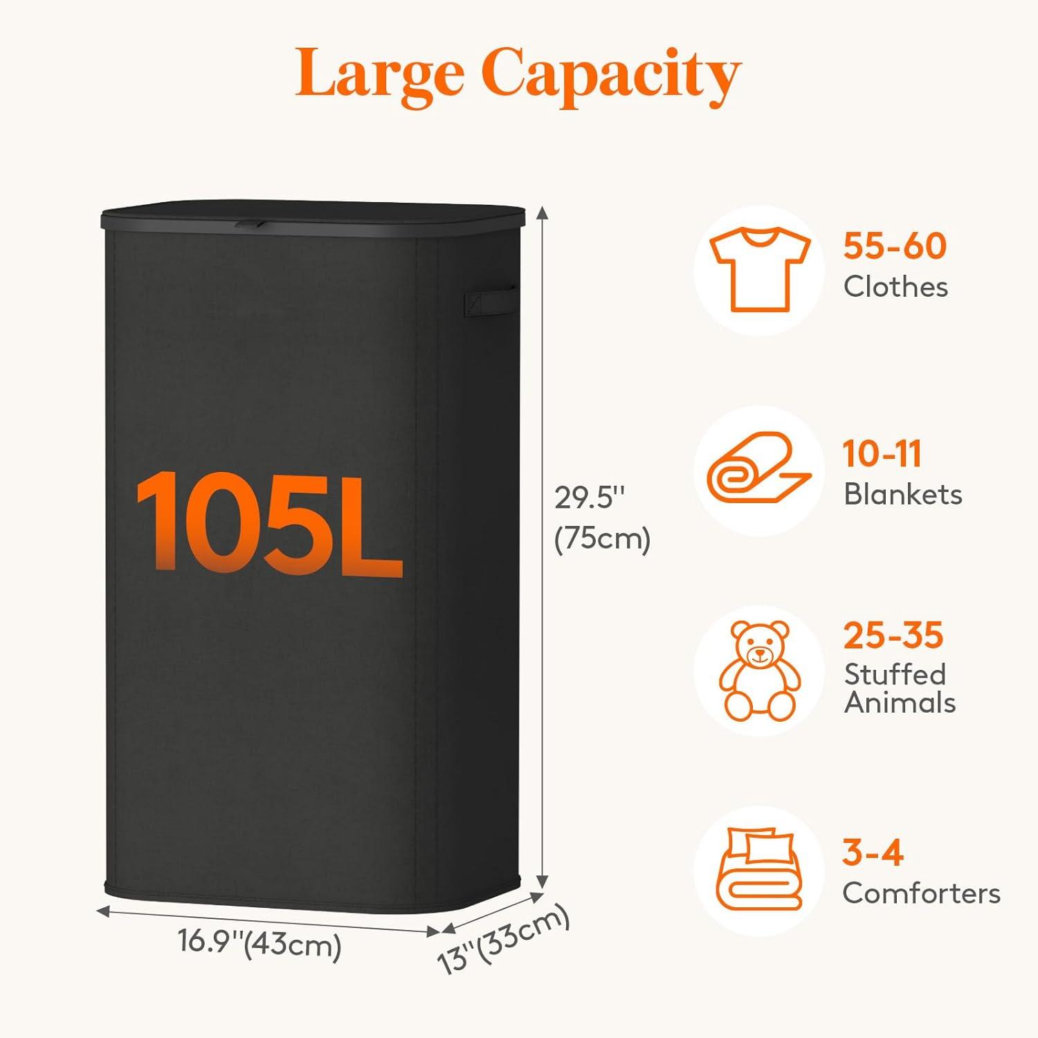 imageLifewit 105L Laundry Basket with Lid Large Laundry Hamper with Plastic Handles and Removable Bag Foldable Tall Dirty Clothes Hampers for Laundry for Laundry Room Bedroom Bathroom Dorm BeigeBlack