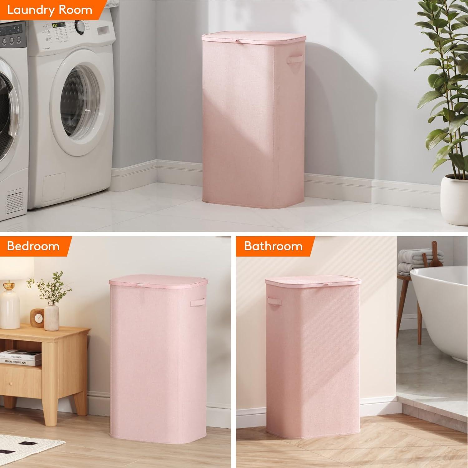 imageLifewit 105L Laundry Basket with Lid Large Laundry Hamper with Plastic Handles and Removable Bag Foldable Tall Dirty Clothes Hampers for Laundry for Laundry Room Bedroom Bathroom Dorm BeigePink