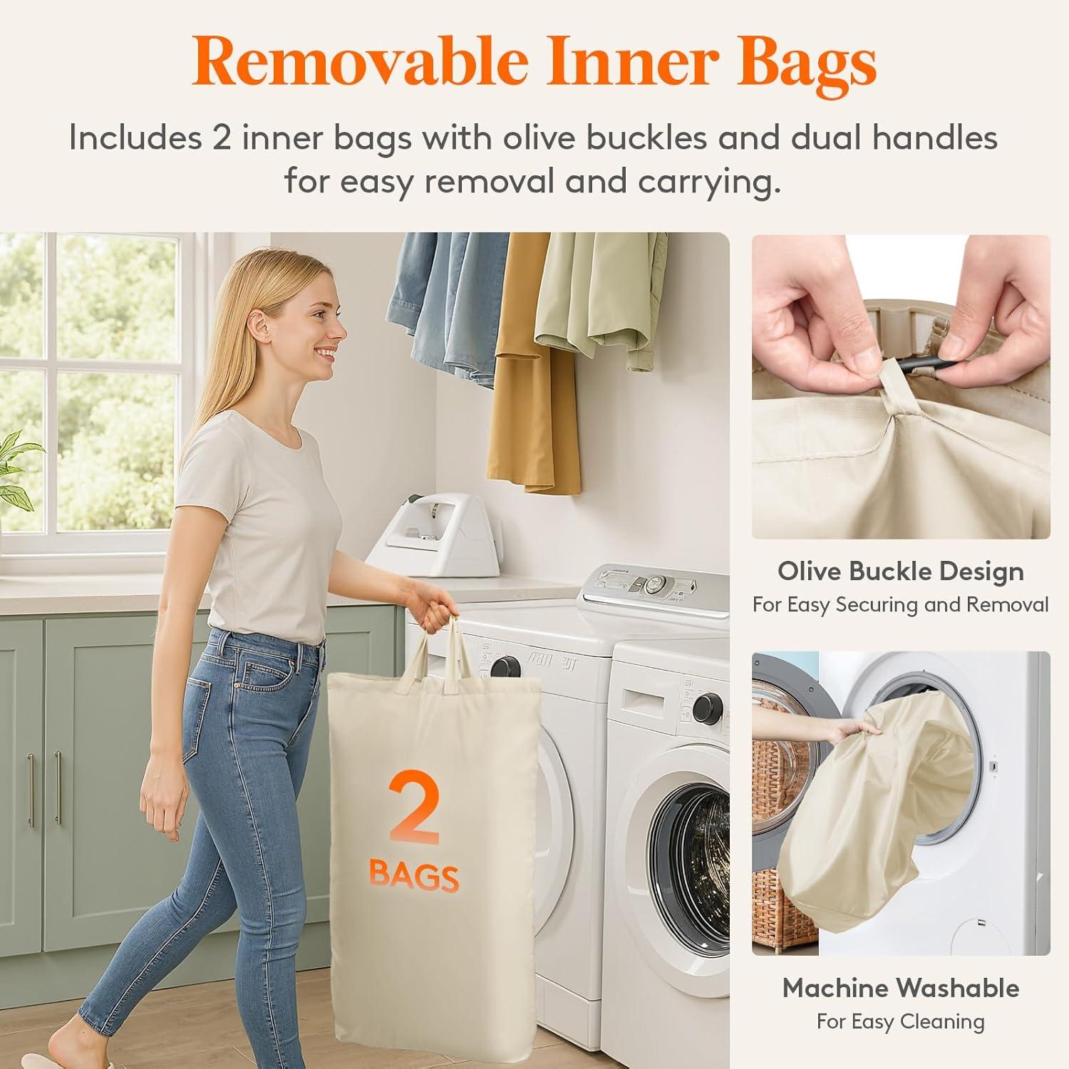 imageLifewit 105L Laundry Basket with Lid Large Laundry Hamper with Plastic Handles and Removable Bag Foldable Tall Dirty Clothes Hampers for Laundry for Laundry Room Bedroom Bathroom Dorm BeigeBeige