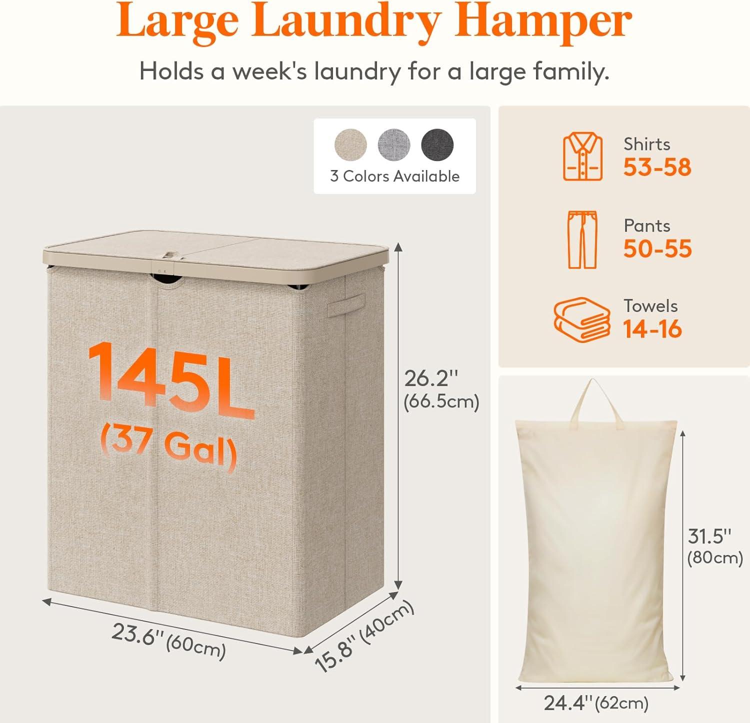 imageLifewit 105L Laundry Basket with Lid Large Laundry Hamper with Plastic Handles and Removable Bag Foldable Tall Dirty Clothes Hampers for Laundry for Laundry Room Bedroom Bathroom Dorm BeigeBeige
