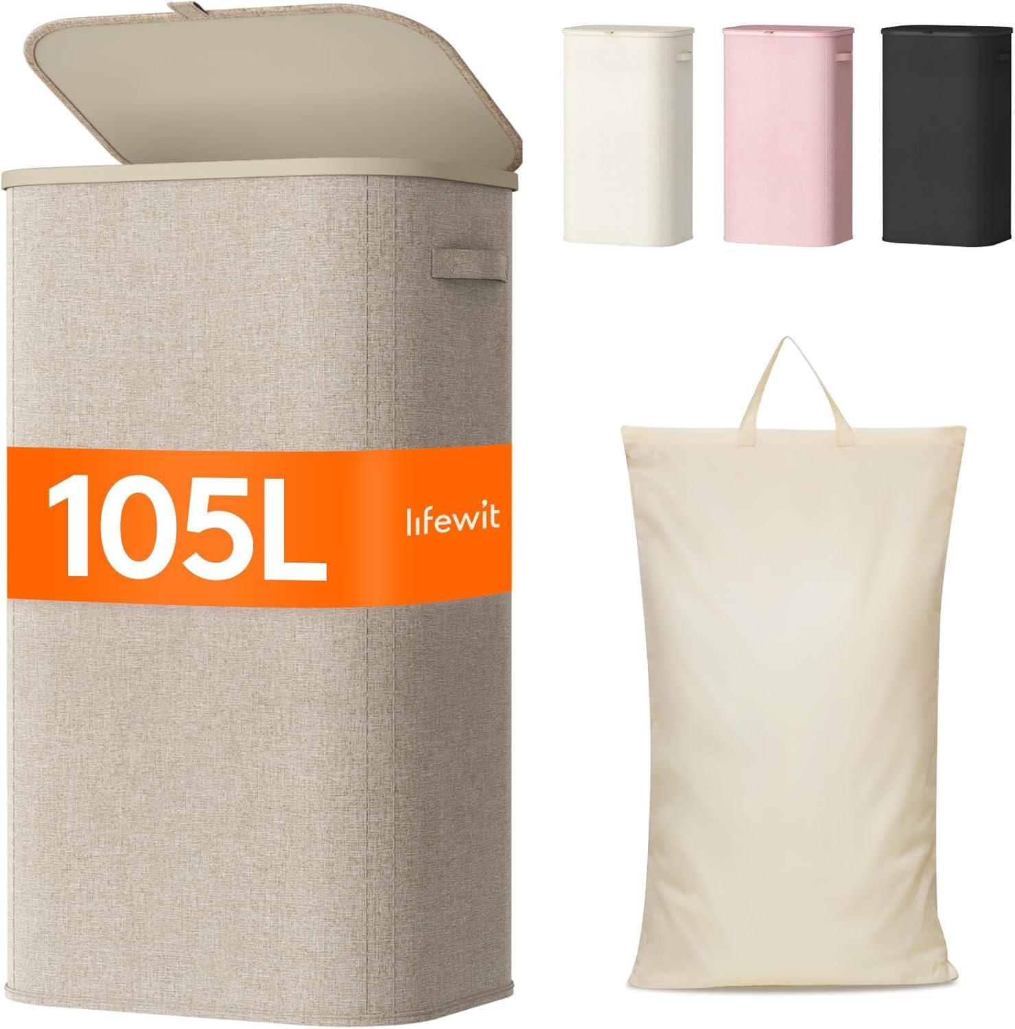imageLifewit 105L Laundry Basket with Lid Large Laundry Hamper with Plastic Handles and Removable Bag Foldable Tall Dirty Clothes Hampers for Laundry for Laundry Room Bedroom Bathroom Dorm BeigeBeige