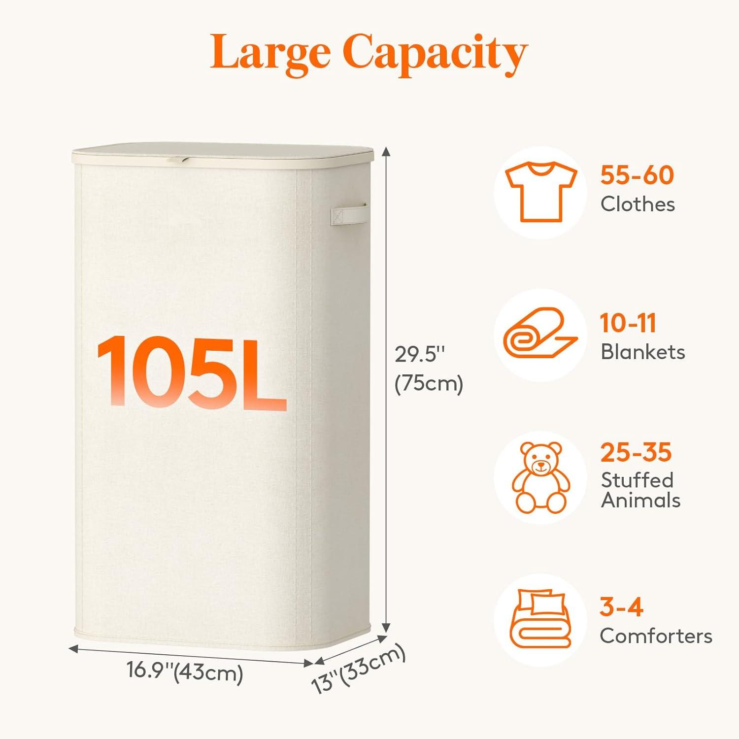 imageLifewit 105L Laundry Basket with Lid Large Laundry Hamper with Plastic Handles and Removable Bag Foldable Tall Dirty Clothes Hampers for Laundry for Laundry Room Bedroom Bathroom Dorm BeigeWhite