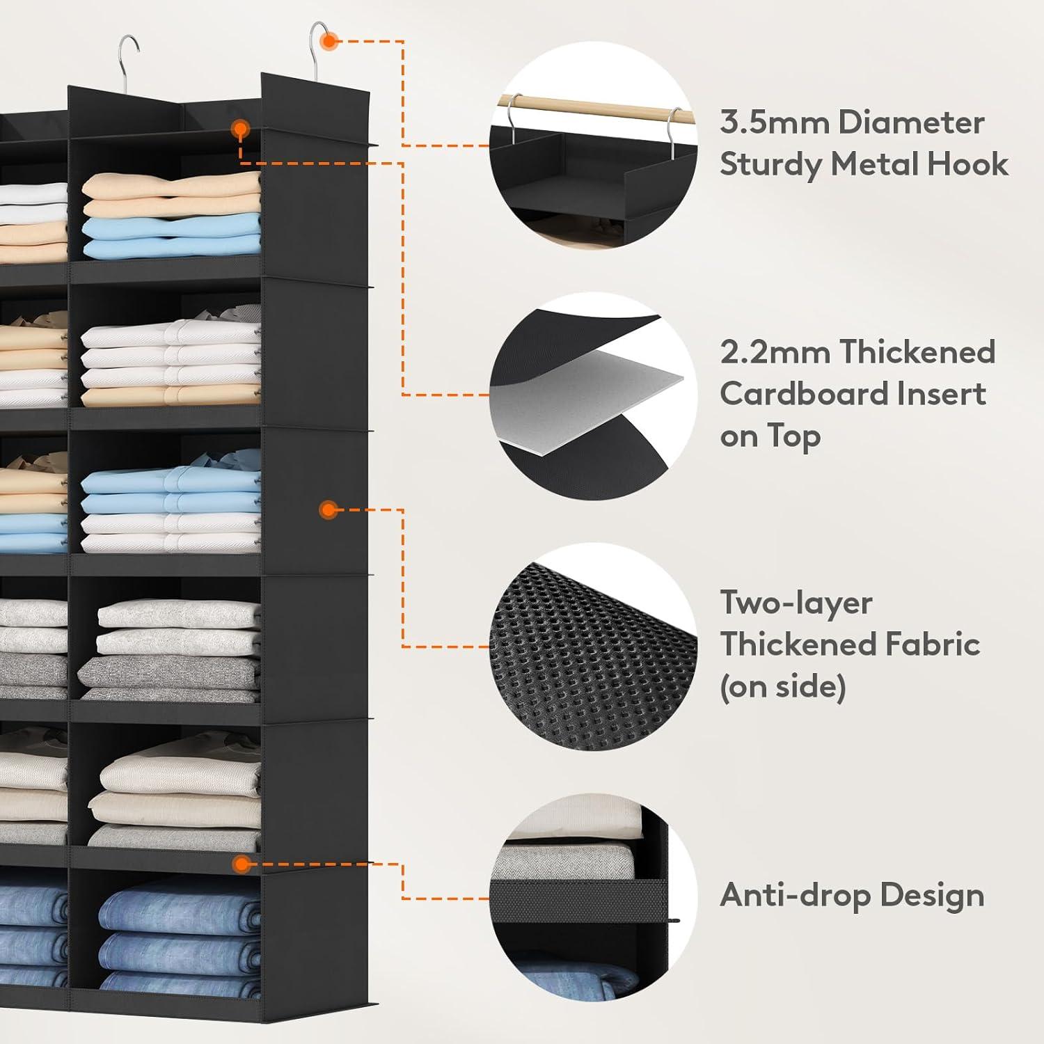 imageLifewit DualRow 6 Tier Shelf Hanging Closet Organizer and Storage Clothes Storage Shelves with 3 Sturdy Hooks for Clothing Organization Foldable Dorm Room Essentials 12 Sections GreyBlack