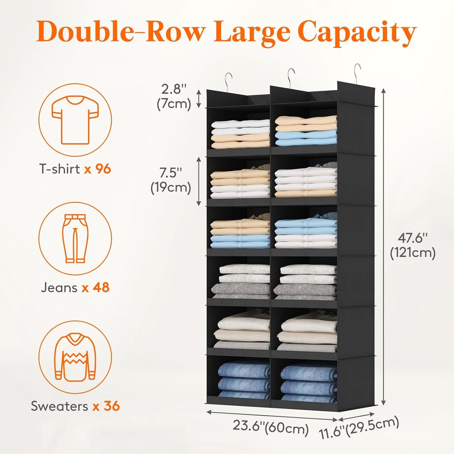 imageLifewit DualRow 6 Tier Shelf Hanging Closet Organizer and Storage Clothes Storage Shelves with 3 Sturdy Hooks for Clothing Organization Foldable Dorm Room Essentials 12 Sections GreyBlack