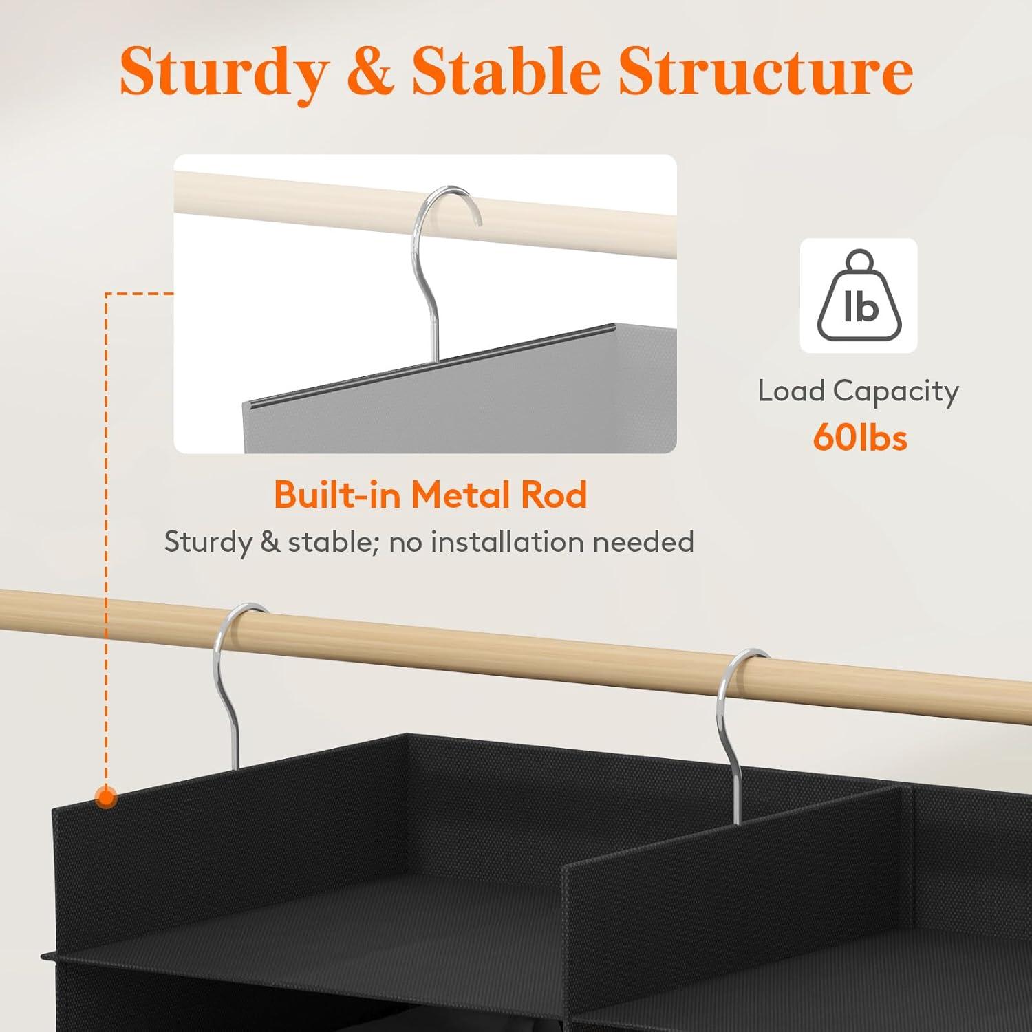 imageLifewit DualRow 6 Tier Shelf Hanging Closet Organizer and Storage Clothes Storage Shelves with 3 Sturdy Hooks for Clothing Organization Foldable Dorm Room Essentials 12 Sections GreyBlack