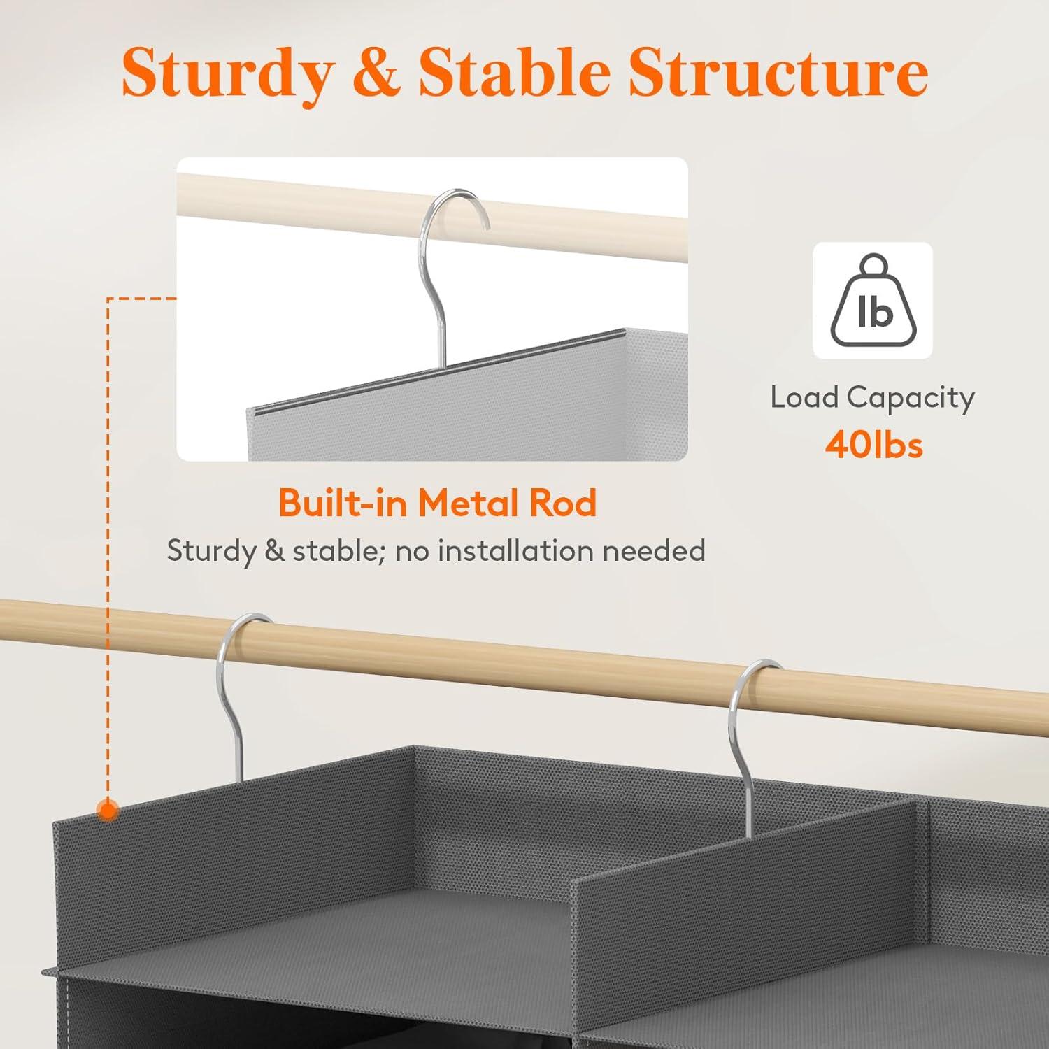 imageLifewit DualRow 6 Tier Shelf Hanging Closet Organizer and Storage Clothes Storage Shelves with 3 Sturdy Hooks for Clothing Organization Foldable Dorm Room Essentials 12 Sections GreyGrey