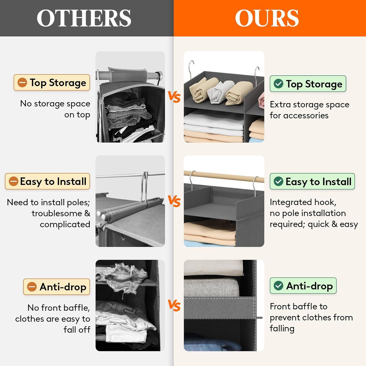 imageLifewit DualRow 6 Tier Shelf Hanging Closet Organizer and Storage Clothes Storage Shelves with 3 Sturdy Hooks for Clothing Organization Foldable Dorm Room Essentials 12 Sections GreyGrey