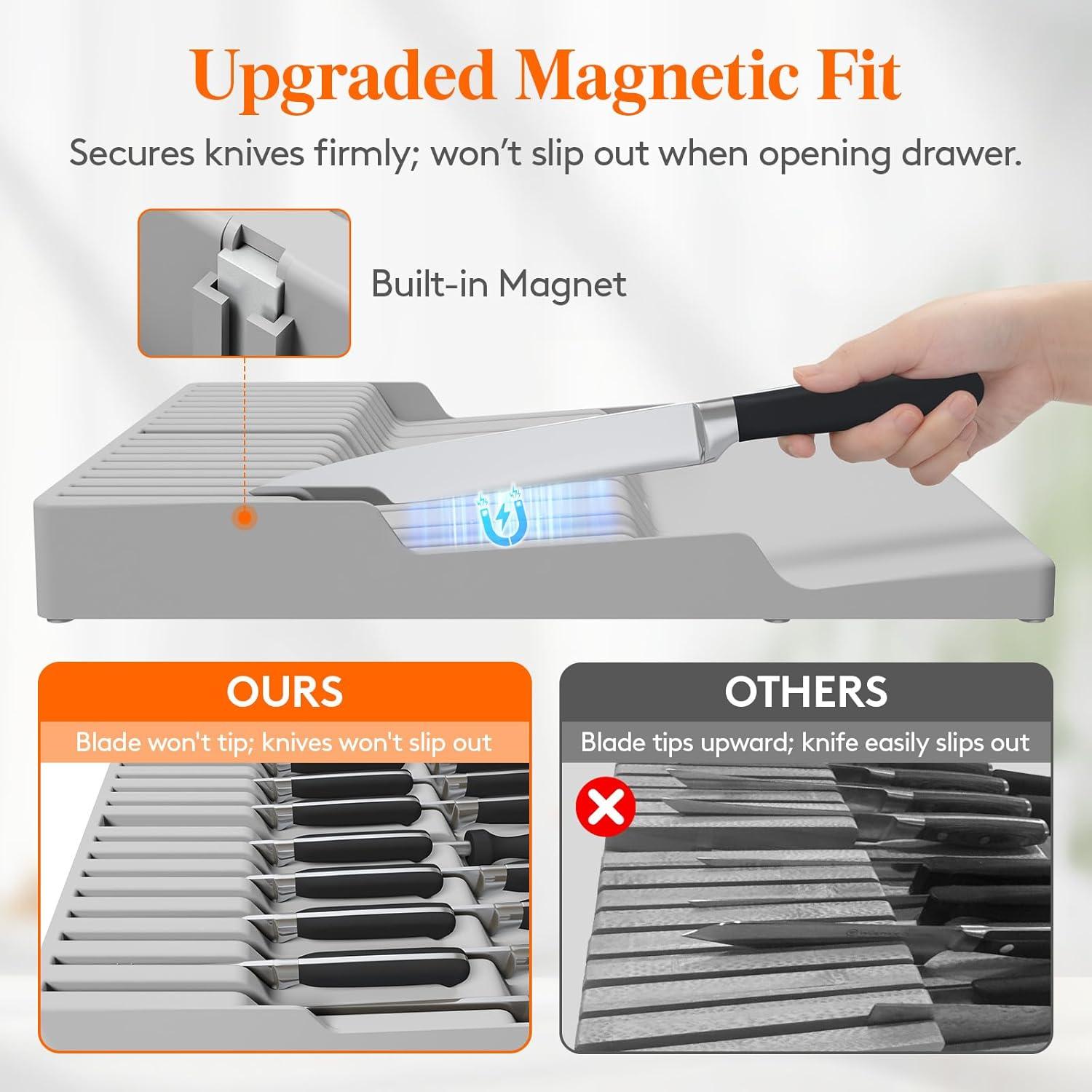 imageLifewit Magnetic Drawer Knife Organizers Insert Kitchen Plastic In Drawer Knife Block Slots for 16 Knives and 1 Sharpening Steel Extra Large Steak Chefs Knives Holder Storage Sets GrayGray