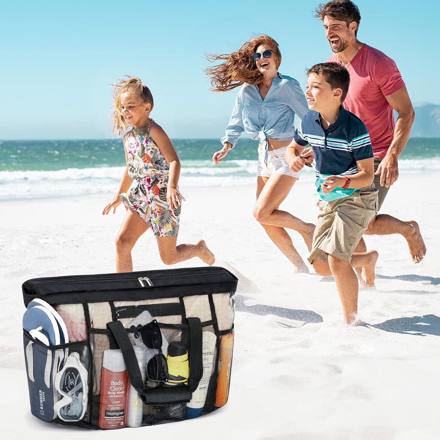 imageLifewit Mesh Tote Bags for Women Large Mesh Tote Bags with Zipper and Pockets Lightweight Shower Caddy Beach Essentials for Family Pool Bag Basket for Women Vacation Swimmers BlackBlack