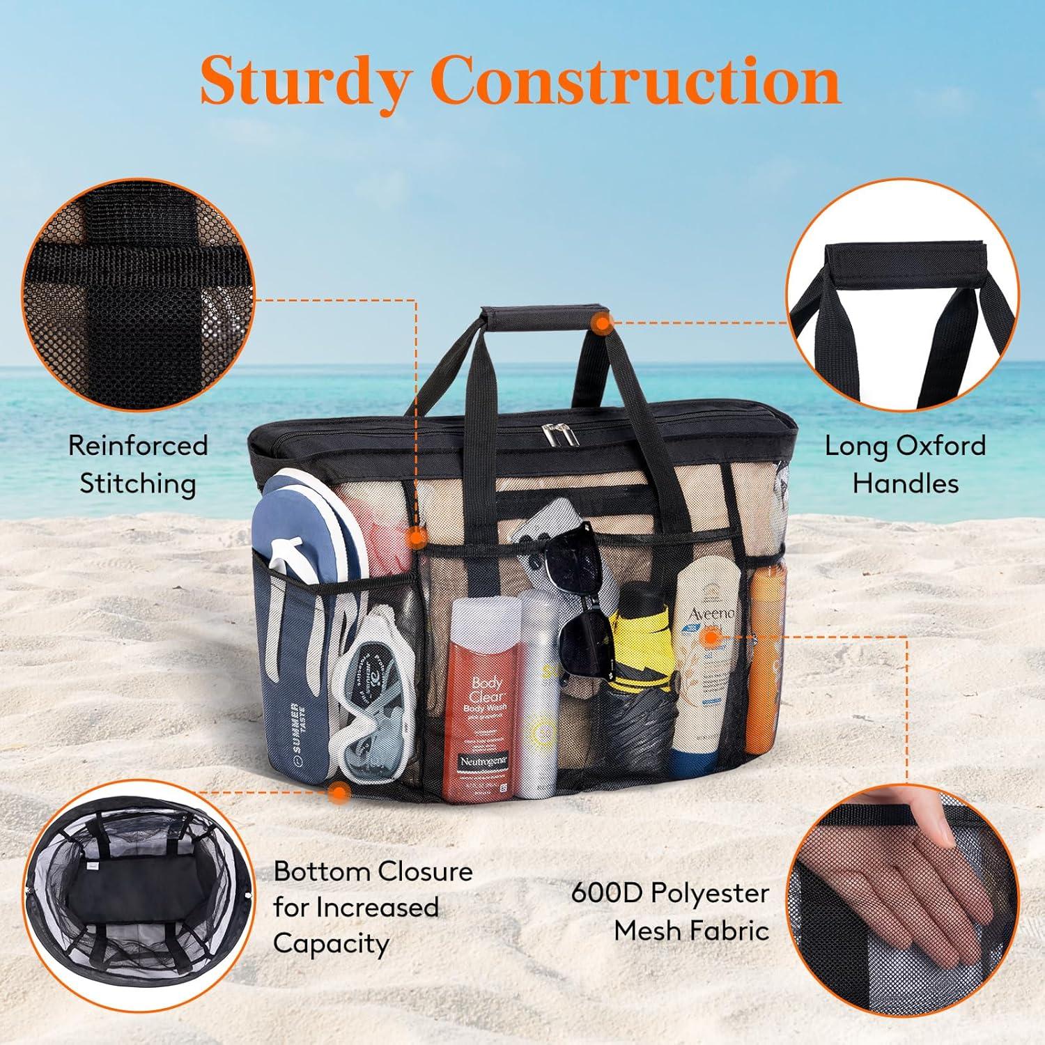 imageLifewit Mesh Tote Bags for Women Large Mesh Tote Bags with Zipper and Pockets Lightweight Shower Caddy Beach Essentials for Family Pool Bag Basket for Women Vacation Swimmers BlackBlack