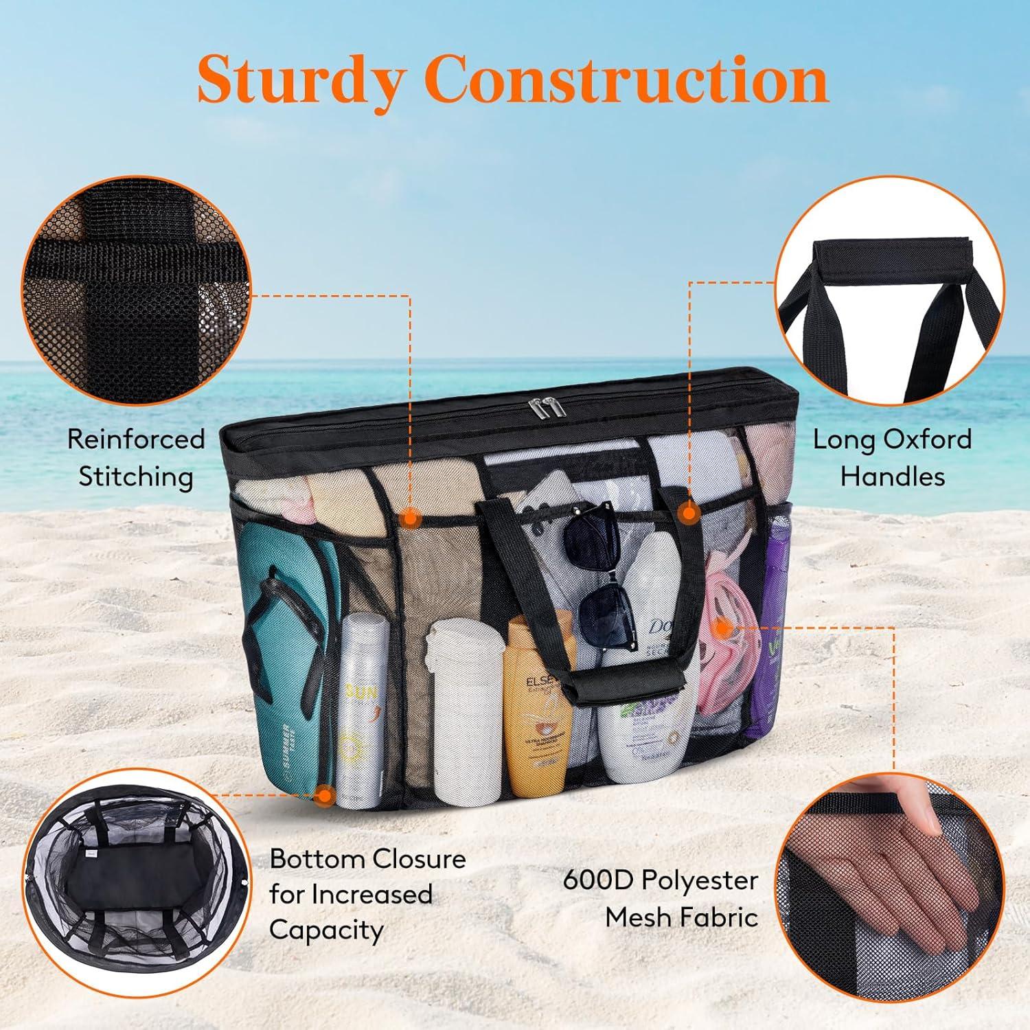 imageLifewit Mesh Tote Bags for Women Large Mesh Tote Bags with Zipper and Pockets Lightweight Shower Caddy Beach Essentials for Family Pool Bag Basket for Women Vacation Swimmers BlackBlack