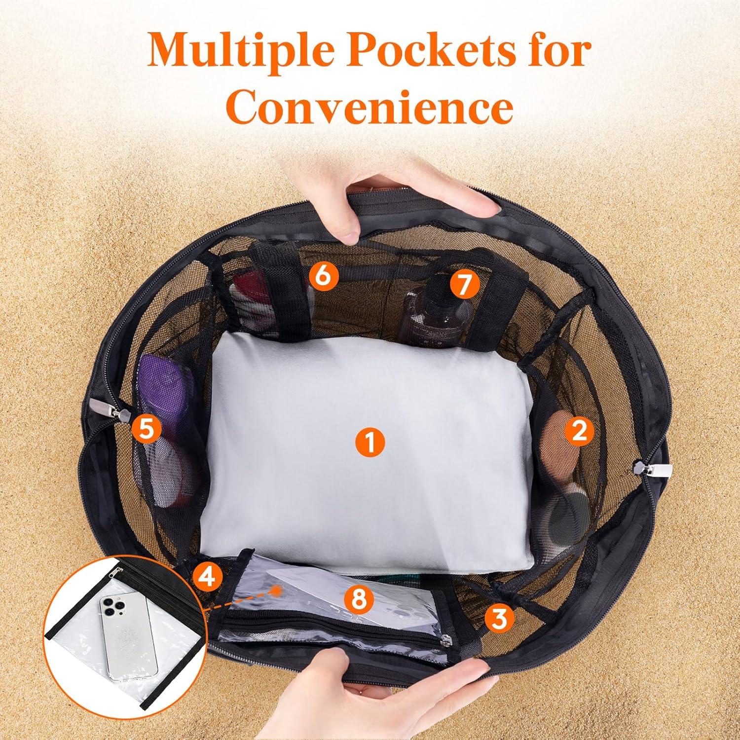 imageLifewit Mesh Tote Bags for Women Large Mesh Tote Bags with Zipper and Pockets Lightweight Shower Caddy Beach Essentials for Family Pool Bag Basket for Women Vacation Swimmers BlackBlack