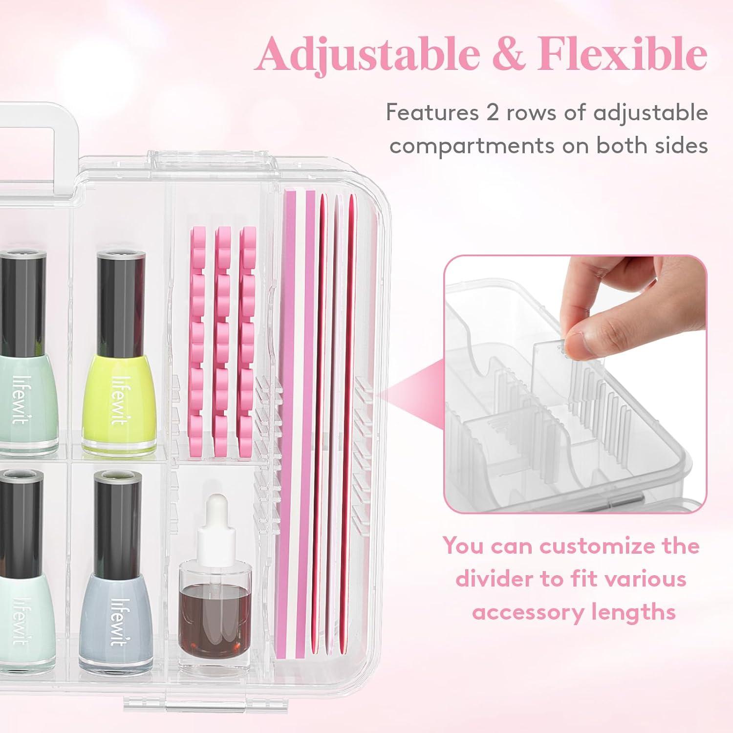 imageLifewit Nail Polish Organizer Case for 36 Bottles with 8 Adjustable Sections Portable Sturdy Gel Nail Polish Storage Holder with 4 Nail Separators Space Saver for Display Travel 2 Pack Clear2