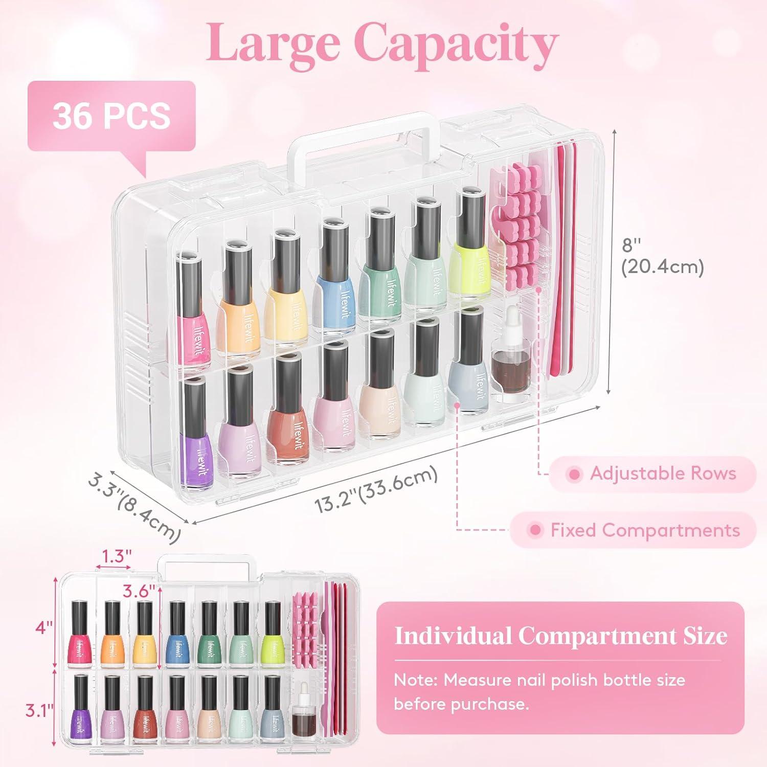 imageLifewit Nail Polish Organizer Case for 36 Bottles with 8 Adjustable Sections Portable Sturdy Gel Nail Polish Storage Holder with 4 Nail Separators Space Saver for Display Travel 2 Pack Clear2