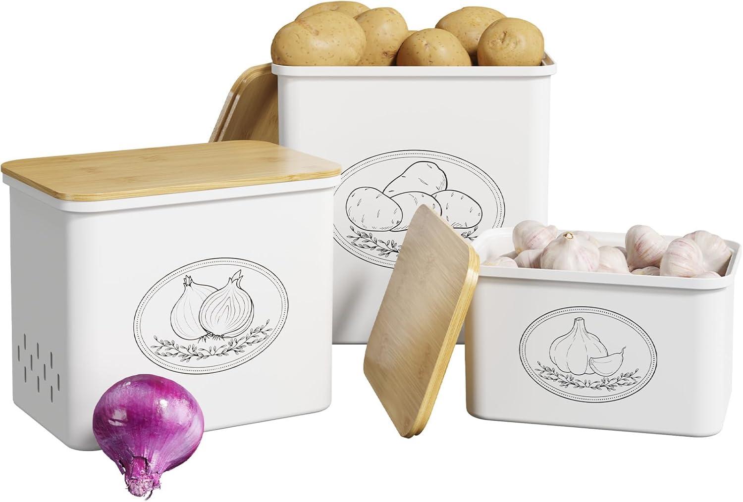 imageLifewit Potato Onion and Garlic Storage Bin Stackable Vegetable Storage Tins with Aerating Holes and Lid Plastic Canister Keeper for Pantry Kitchen Countertop Set of 3 10L WhiteWhite