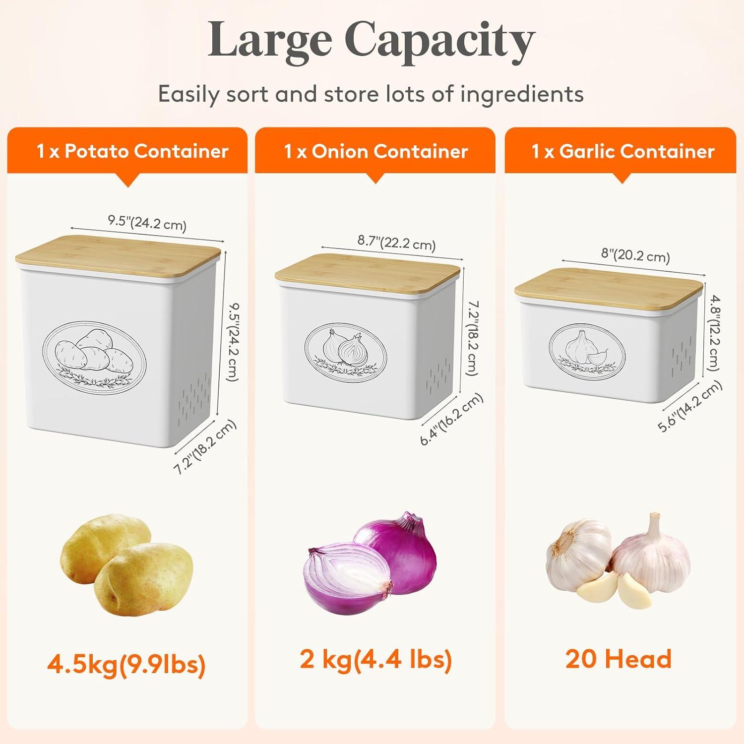 imageLifewit Potato Onion and Garlic Storage Bin Stackable Vegetable Storage Tins with Aerating Holes and Lid Plastic Canister Keeper for Pantry Kitchen Countertop Set of 3 10L WhiteWhite