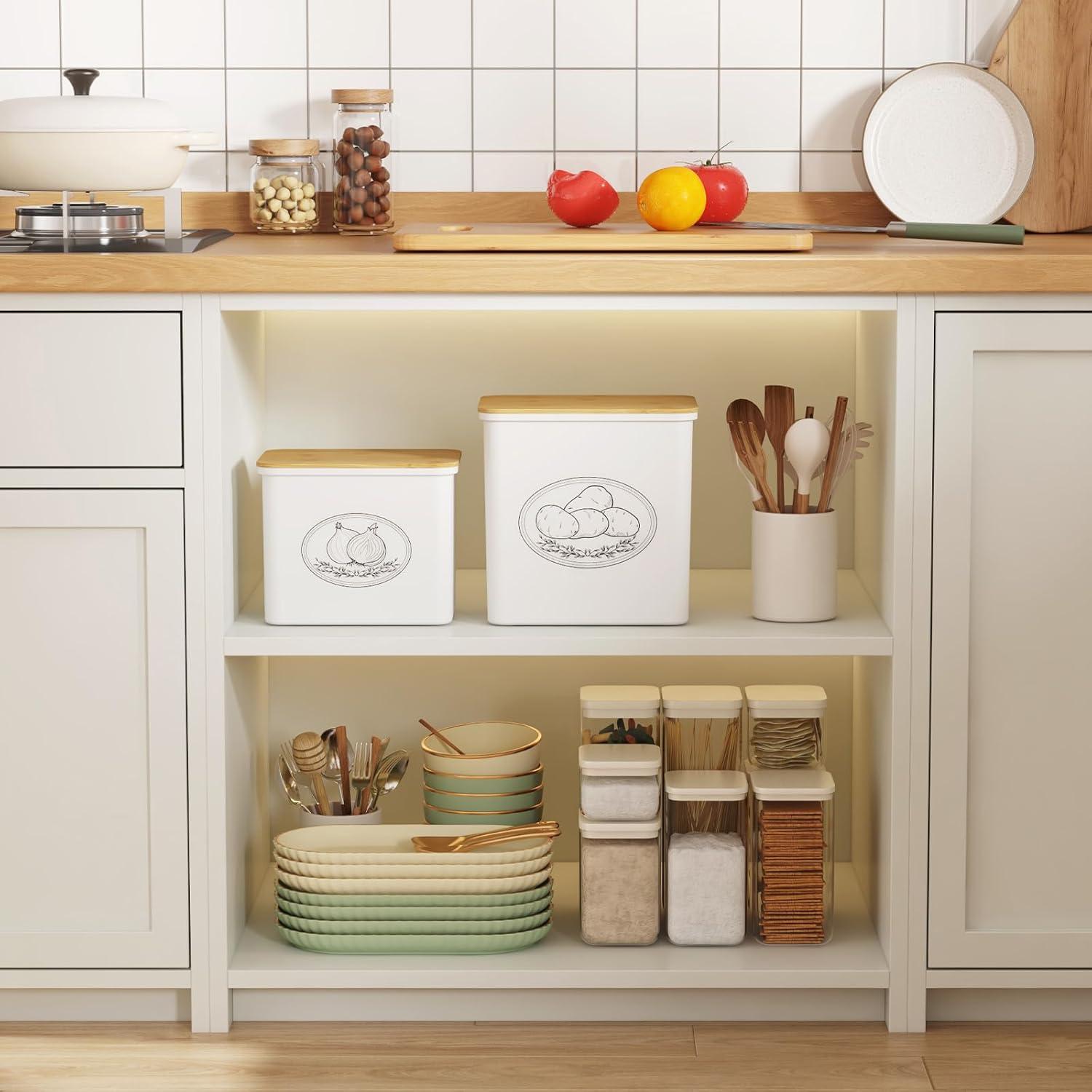 imageLifewit Potato Onion and Garlic Storage Bin Stackable Vegetable Storage Tins with Aerating Holes and Lid Plastic Canister Keeper for Pantry Kitchen Countertop Set of 3 10L WhiteWhite