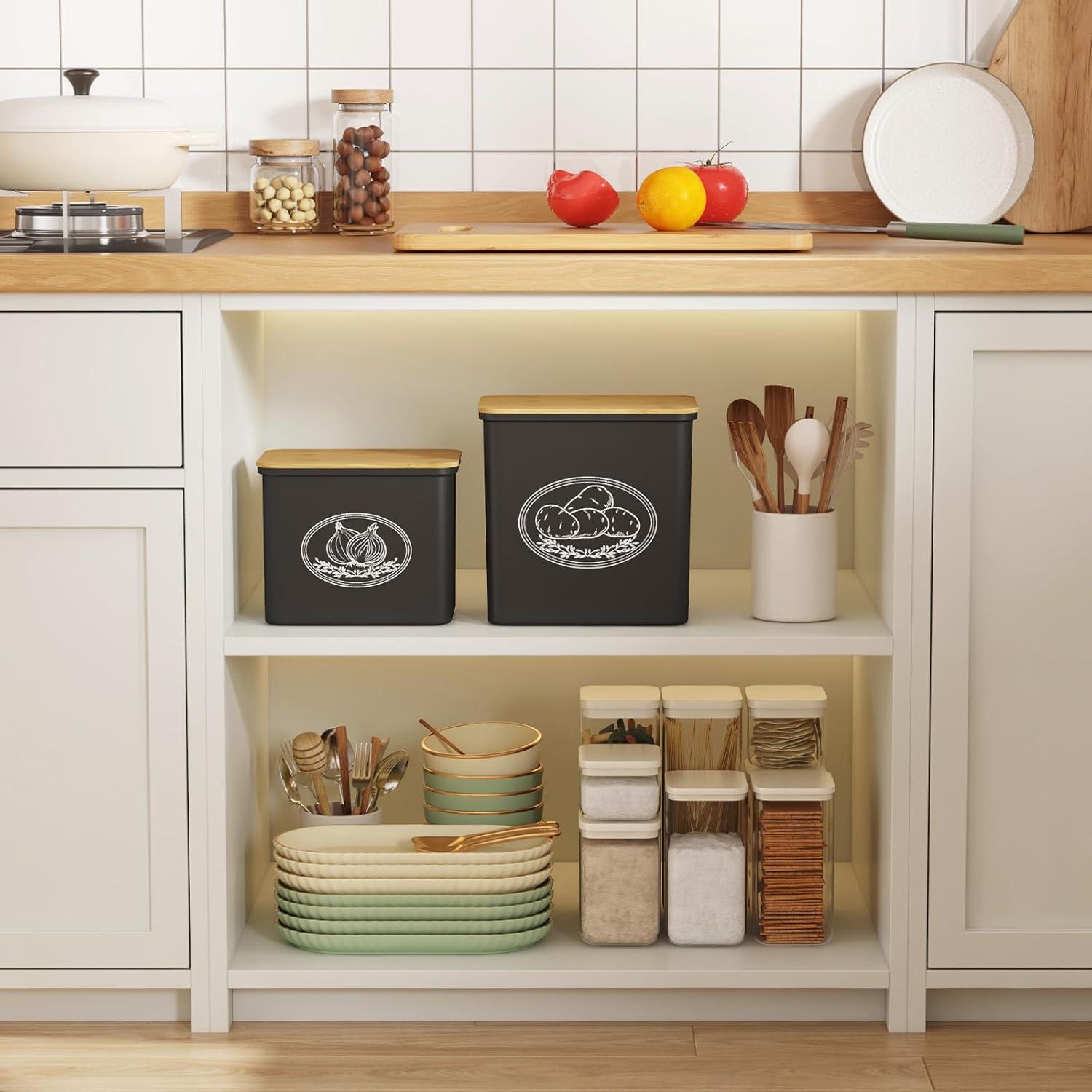 imageLifewit Potato Onion and Garlic Storage Bin Stackable Vegetable Storage Tins with Aerating Holes and Lid Plastic Canister Keeper for Pantry Kitchen Countertop Set of 3 10L WhiteBlack