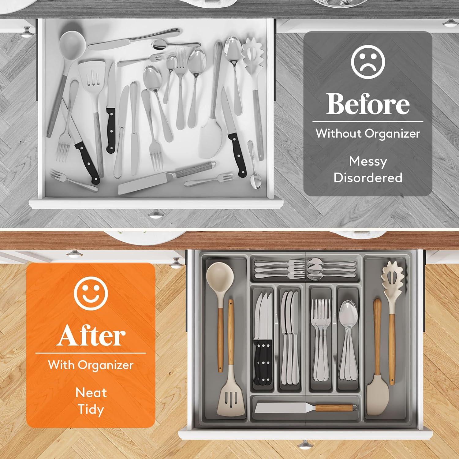 imageLifewit Silverware Organizer Plastic Kitchen Utensil Drawer Tray Cutlery Flatware Storage Holder for Spoons Forks Knives 20 x 16 Inches 8 Compartment Gray203 x 165 x 2 IN