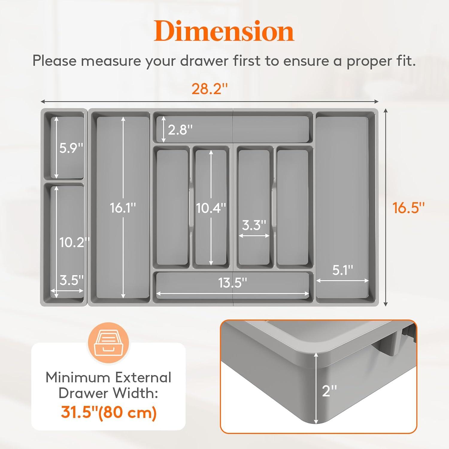 imageLifewit Silverware Organizer Plastic Kitchen Utensil Drawer Tray Cutlery Flatware Storage Holder for Spoons Forks Knives 20 x 16 Inches 8 Compartment Gray282 x 165 x 2 IN