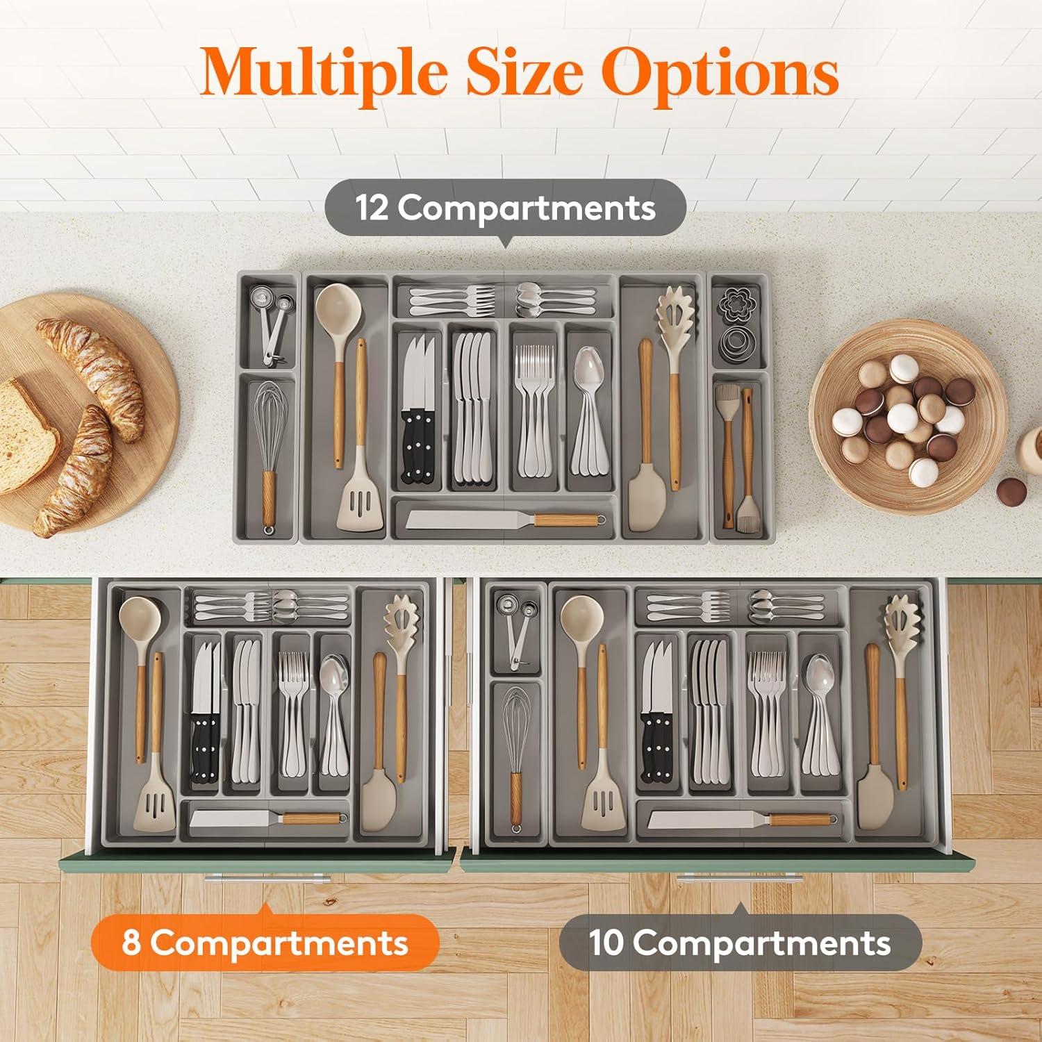 imageLifewit Silverware Organizer Plastic Kitchen Utensil Drawer Tray Cutlery Flatware Storage Holder for Spoons Forks Knives 20 x 16 Inches 8 Compartment Gray203 x 165 x 2 IN