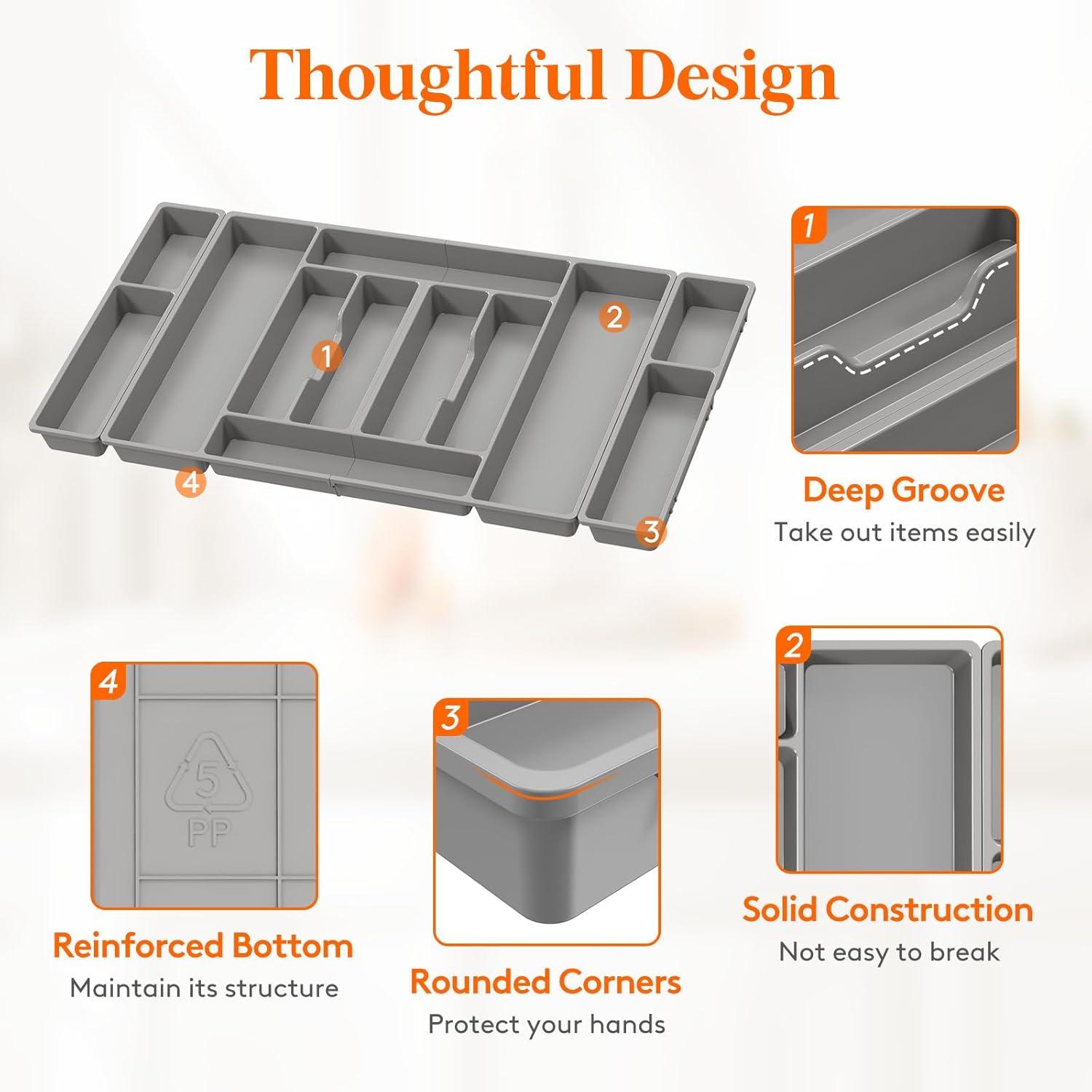 imageLifewit Silverware Organizer Plastic Kitchen Utensil Drawer Tray Cutlery Flatware Storage Holder for Spoons Forks Knives 20 x 16 Inches 8 Compartment Gray321 x 165 x 2 IN