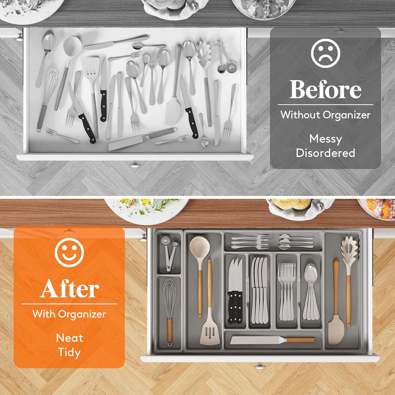 imageLifewit Silverware Organizer Plastic Kitchen Utensil Drawer Tray Cutlery Flatware Storage Holder for Spoons Forks Knives 20 x 16 Inches 8 Compartment Gray282 x 165 x 2 IN