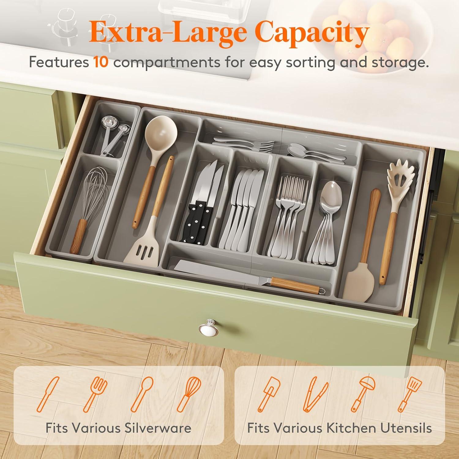 imageLifewit Silverware Organizer Plastic Kitchen Utensil Drawer Tray Cutlery Flatware Storage Holder for Spoons Forks Knives 20 x 16 Inches 8 Compartment Gray282 x 165 x 2 IN