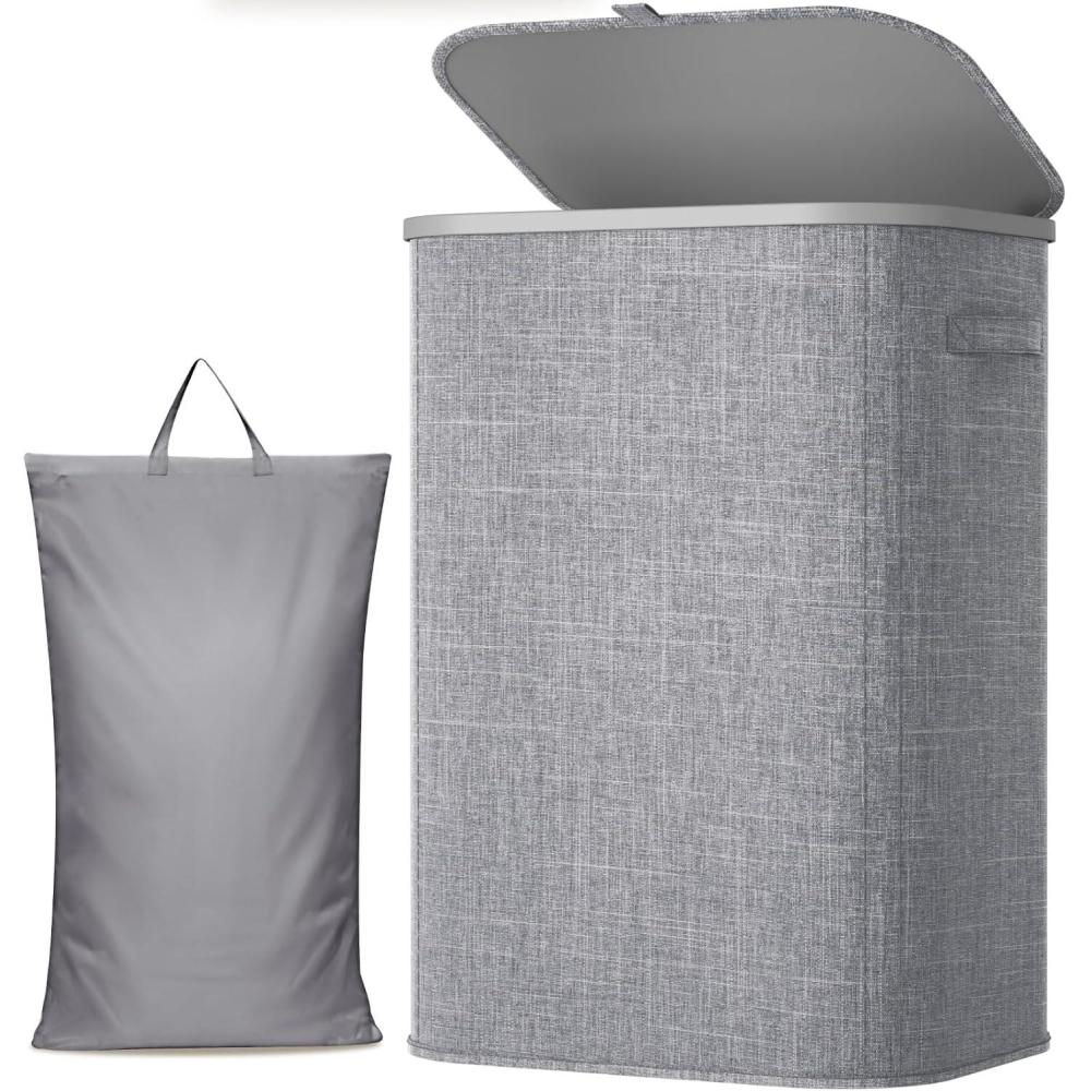 imageLifewit 105L Laundry Basket with Lid Large Laundry Hamper with Plastic Handles and Removable Bag Foldable Tall Dirty Clothes Hampers for Laundry for Laundry Room Bedroom Bathroom Dorm BeigeLight Gray
