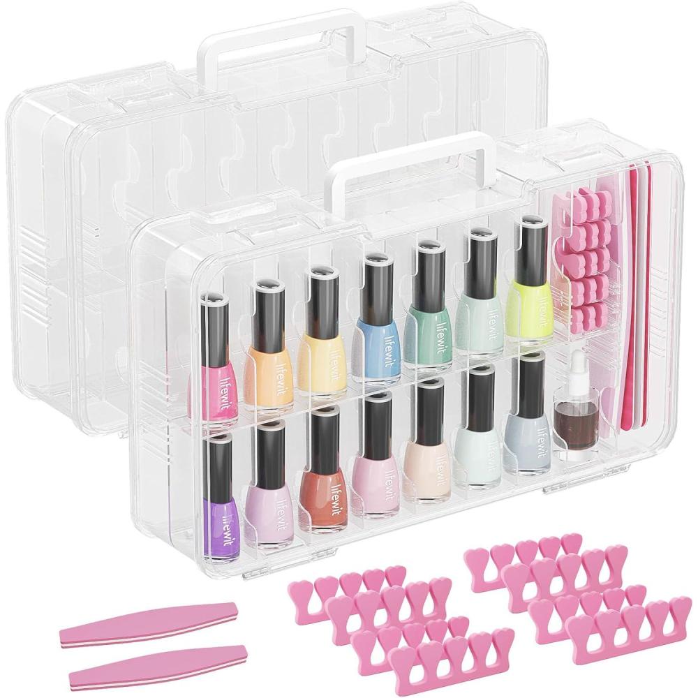 imageLifewit Nail Polish Organizer Case for 36 Bottles with 8 Adjustable Sections Portable Sturdy Gel Nail Polish Storage Holder with 4 Nail Separators Space Saver for Display Travel 2 Pack Clear2